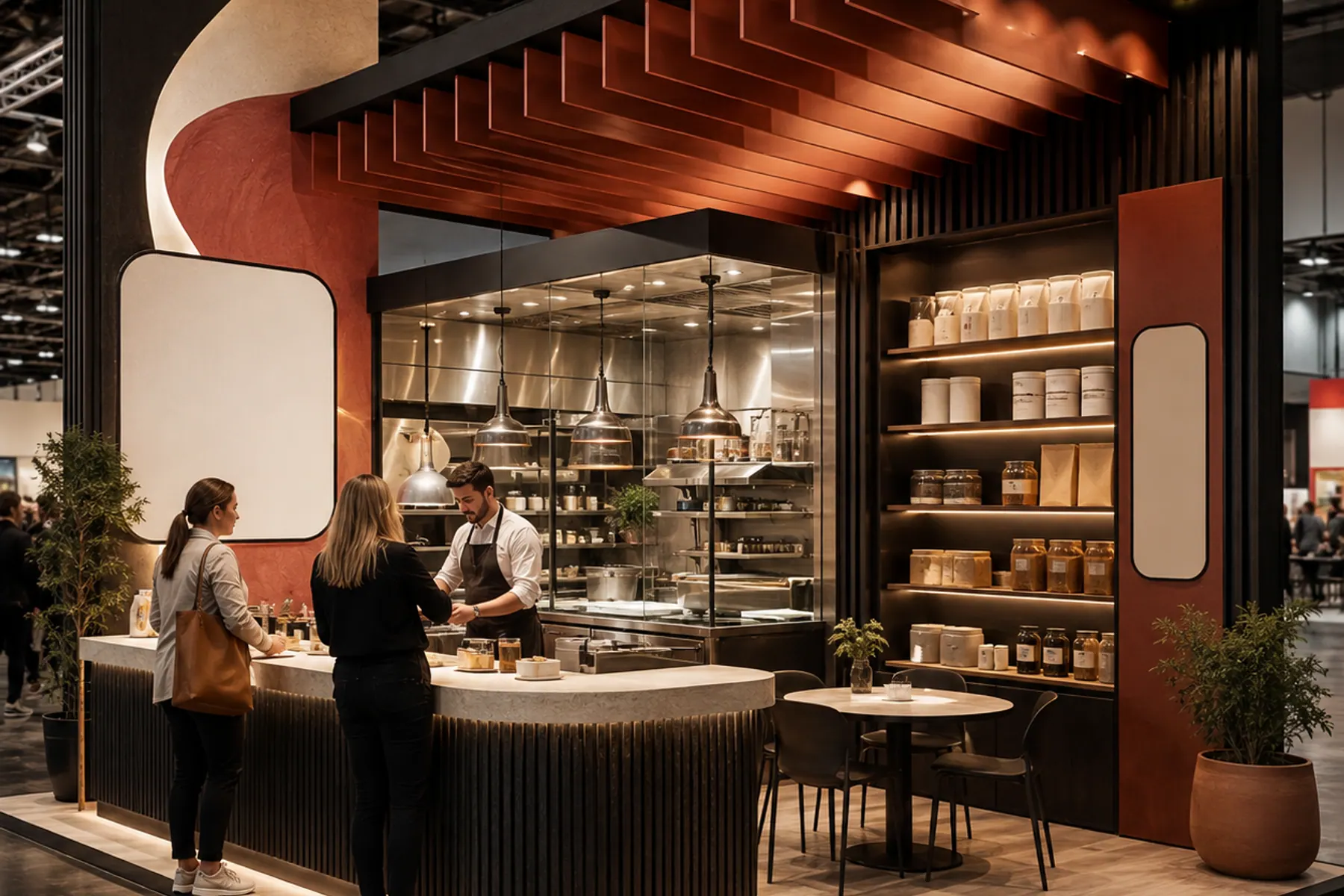 A hospitality stand with a curved counter, two visitors being served, and a lit shelving wall of packaged product behind.
