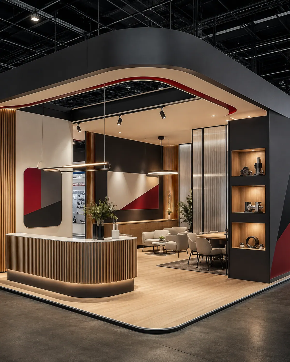 An open-corner exhibition stand with a curved slatted timber reception counter, lit product niches and a meeting area behind.