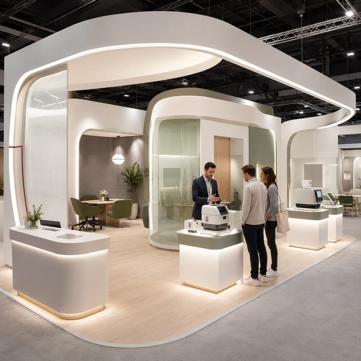 Instruments displayed on lit plinths beside a glazed meeting pod, in a stand finished in white and sage.