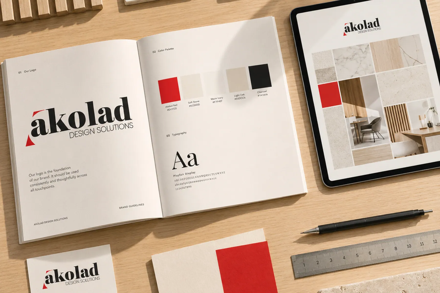 Brand guidelines and a tablet showing the digital colour and image system.