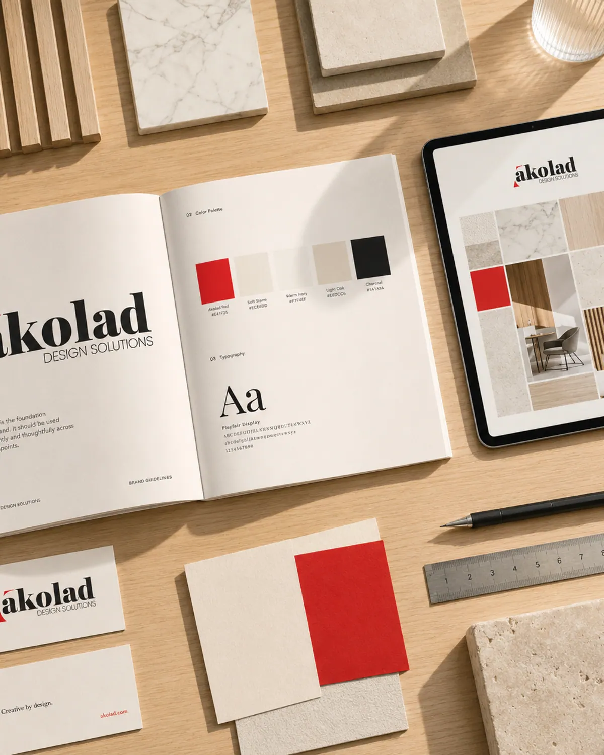 A printed brand guidelines book open at the logo and colour pages, beside a tablet showing the same system.