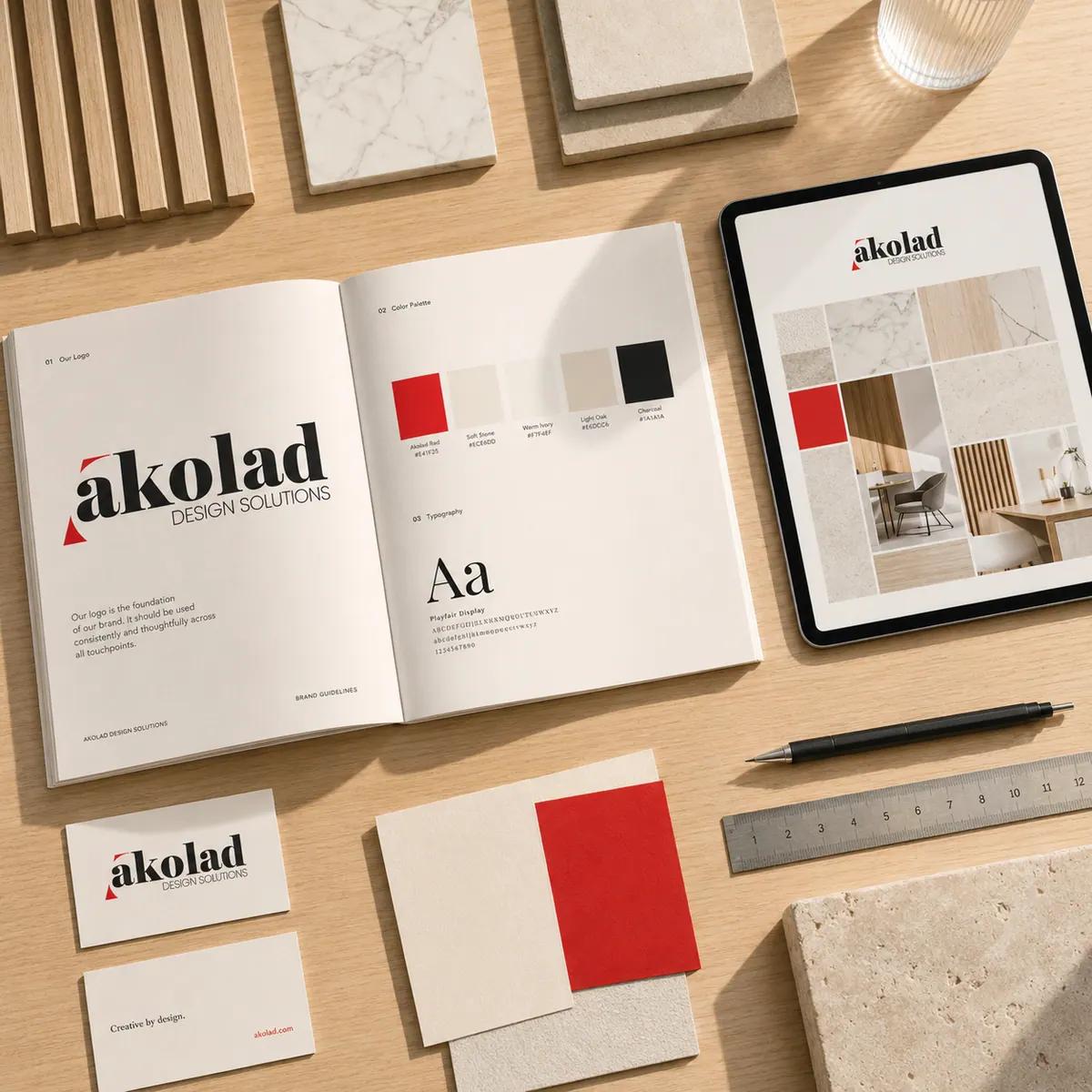 The brand guidelines book open at the typography page.