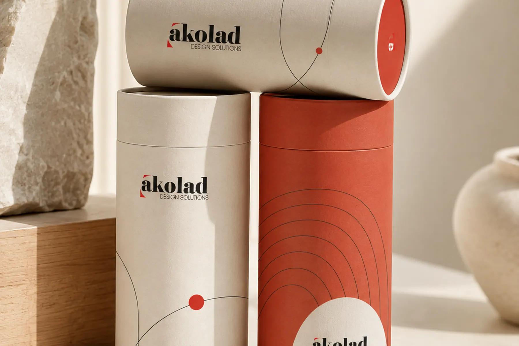 Three paperboard tubes, two in soft stone and one in red, with fine line graphics.
