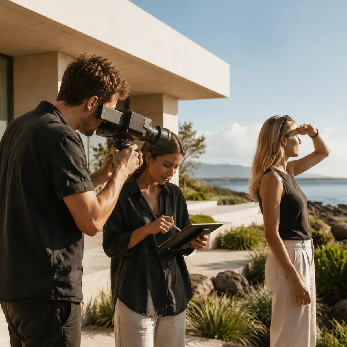 Filming on a coastal terrace, the shot under review on a tablet.