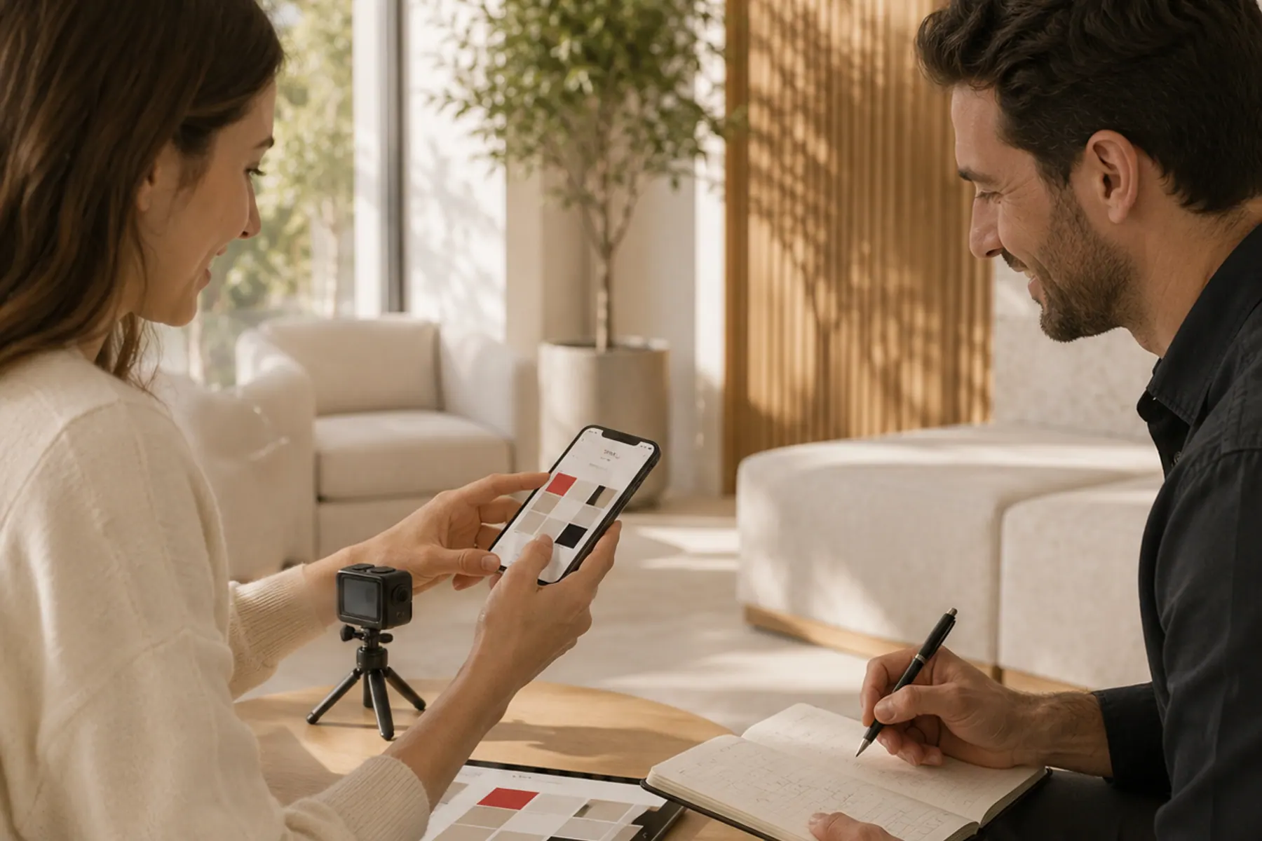 A camera set on a tripod beside a notebook, a shot being planned before it is taken.