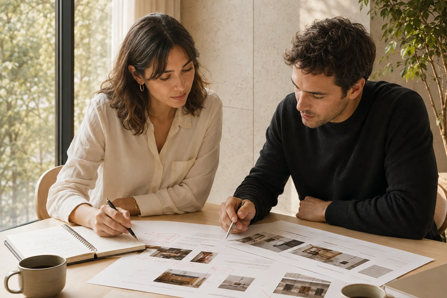 Two people at a table annotating printed photographs and layout sheets.
